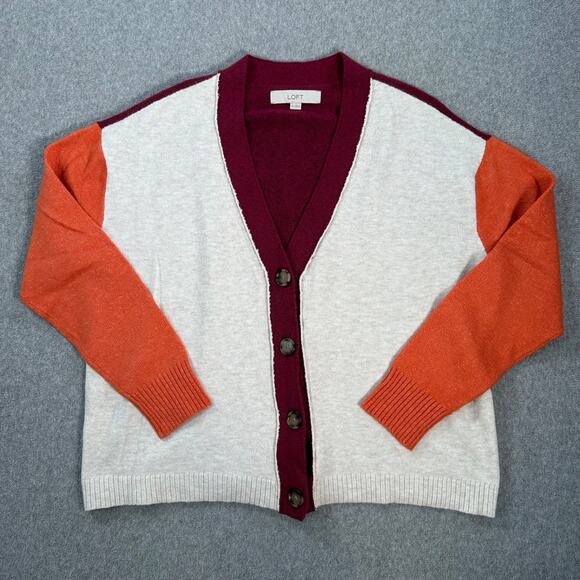 LOFT Colorblock Knit Cardigan Sweater Women's X-Small Button Front Burgundy - Picture 1 of 9